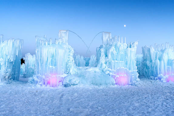 The Ice Castle lit up at night
